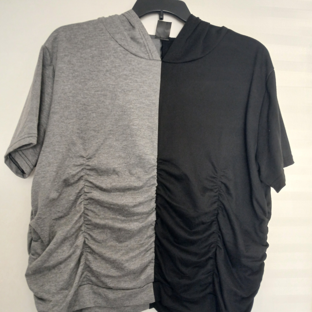 New! Women's Gray & Black Ruched Short Sleeve Hoodie Top NWOT